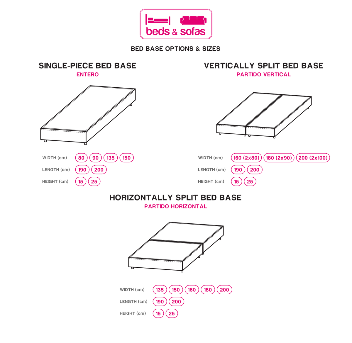 Size chart for bed bases