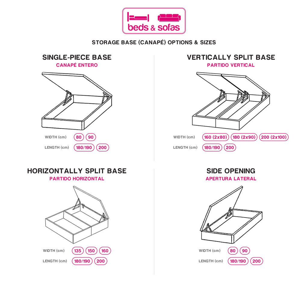 Size chart for storage beds