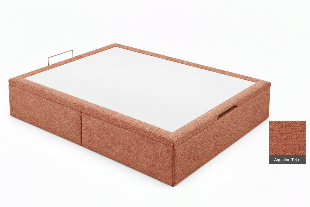 Canape XL Prime storage bed in Aqualine Teja, open to show the storage space