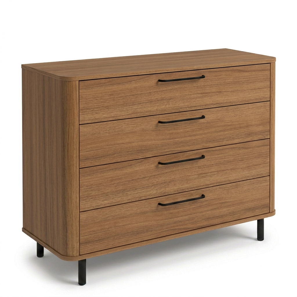 4-drawer chest on black legs in Nogal walnut – angled view