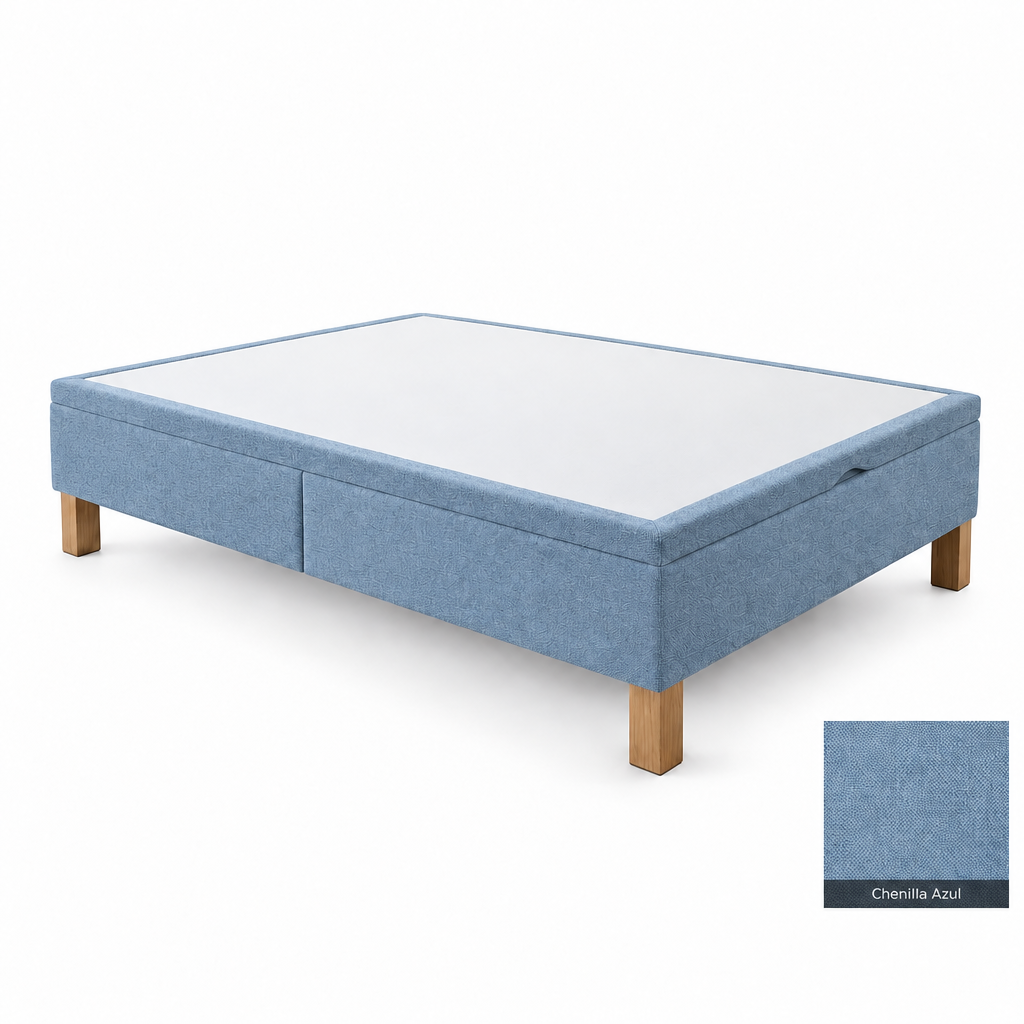 Bed base in Chenilla Azul with white top panel