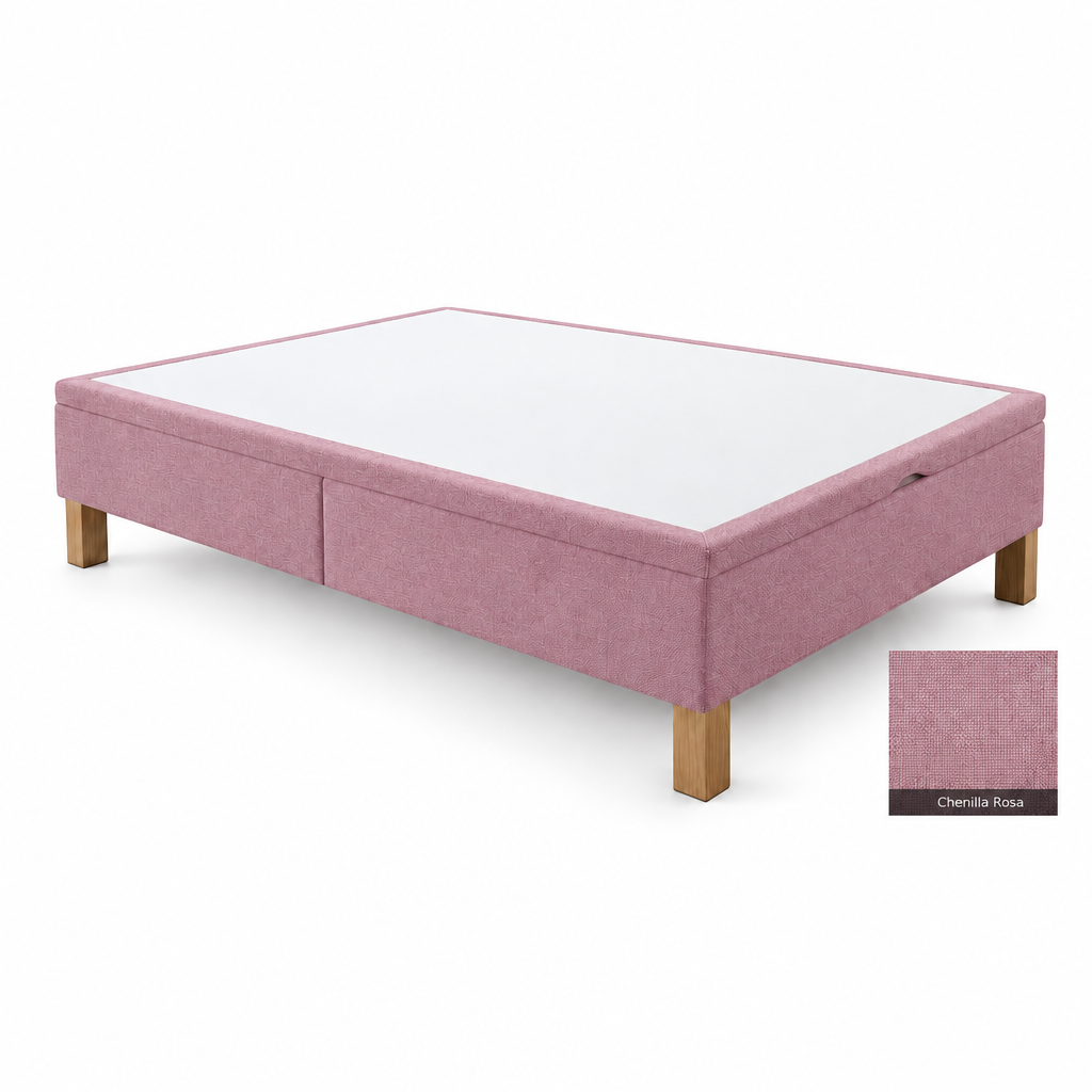 Bed base in Chenilla Rosa with white top panel