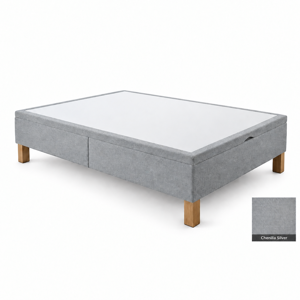 Bed base in Chenilla Silver with white top panel