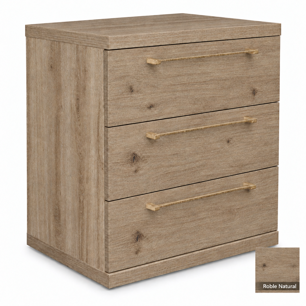 Bedside table in Roble Natural with matching swatch