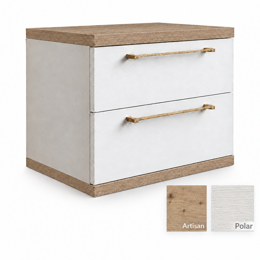Bedside table with equal-sized Artisan and Polar swatches