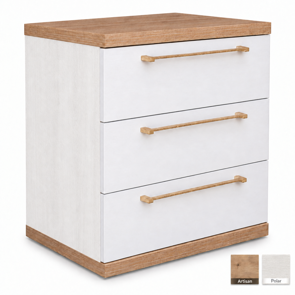 3-drawer bedside table in Polar with Artisan top and base