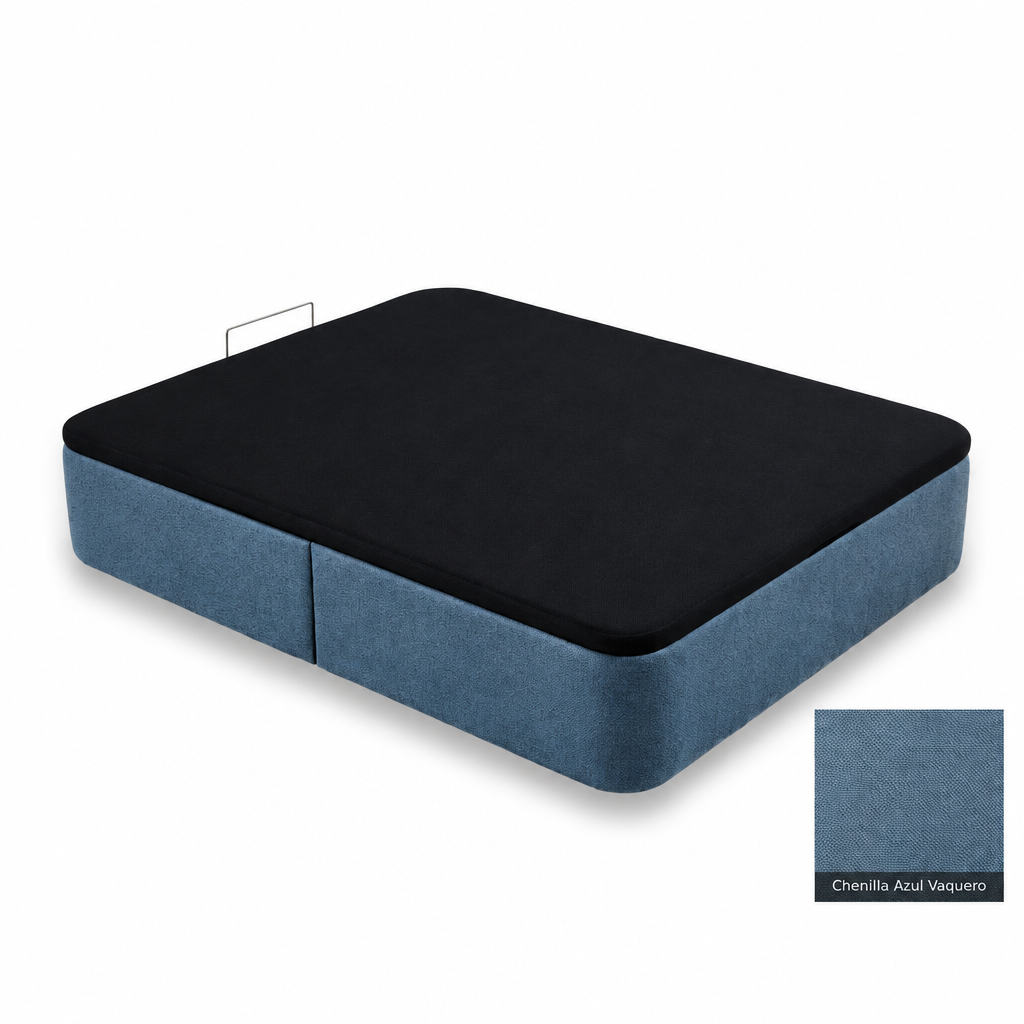 Curved bed base in Chenilla Azul Vaquero with black lid