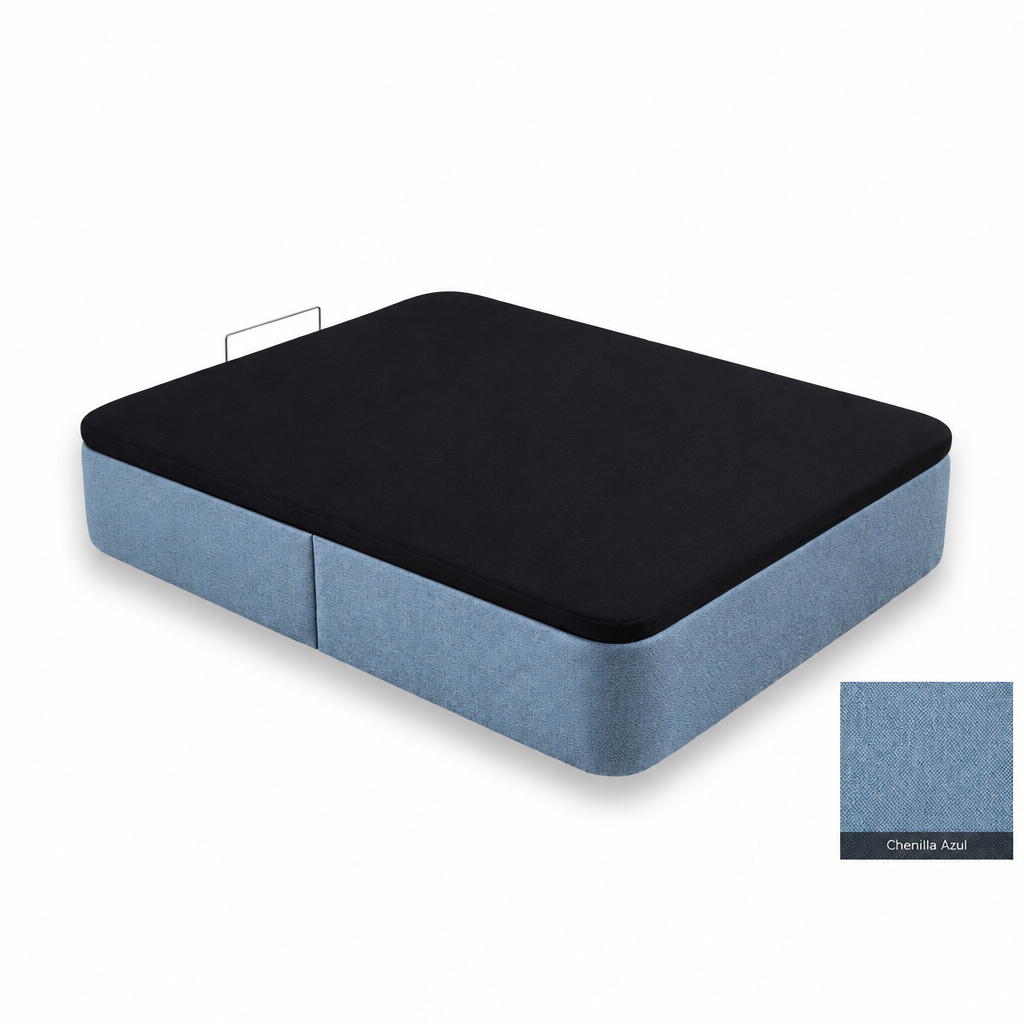 Curved bed base in Chenilla Azul with black lid