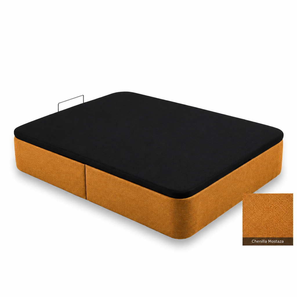 Curved bed base in Chenilla Mostaza with black lid