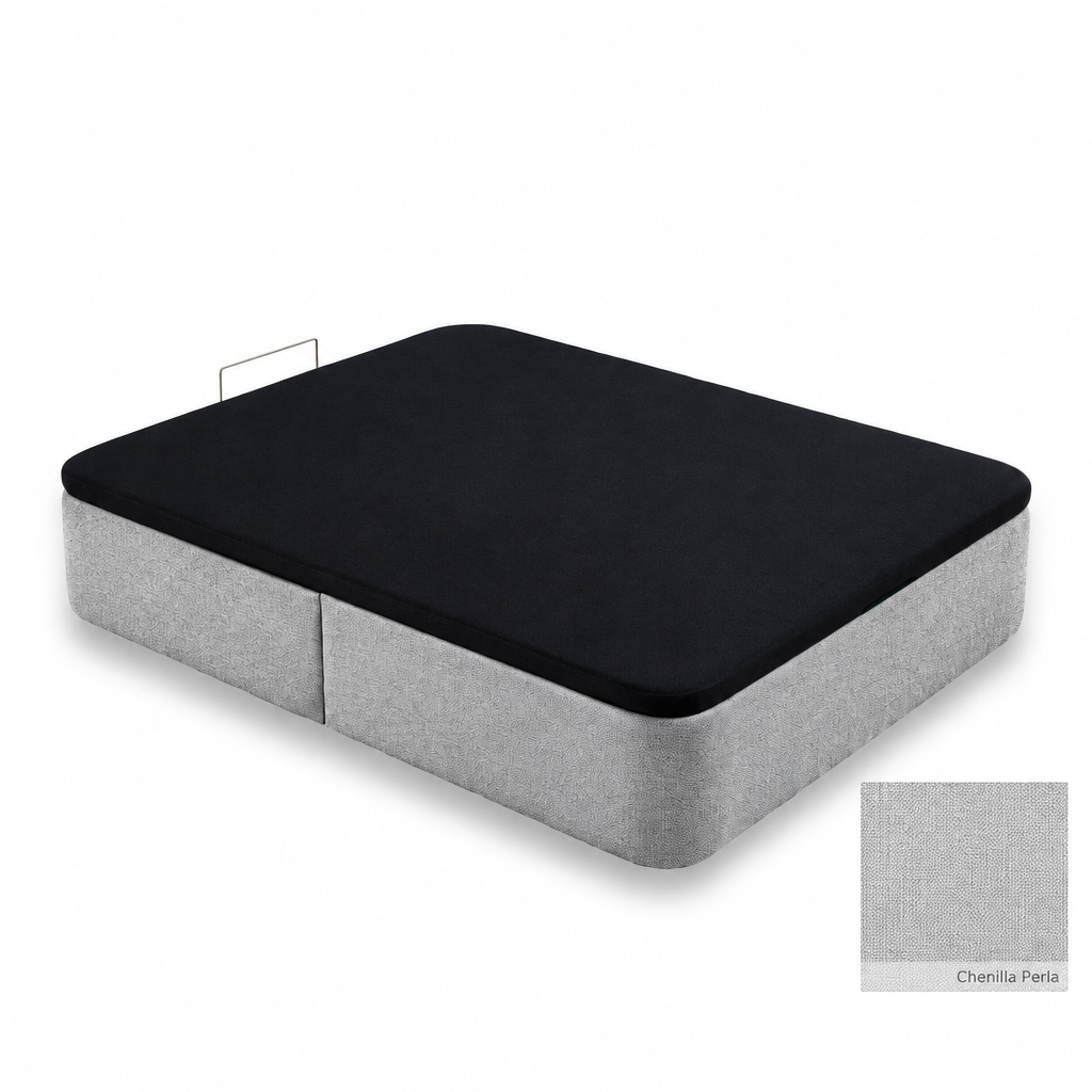 Curved bed base in Chenilla Perla with black lid