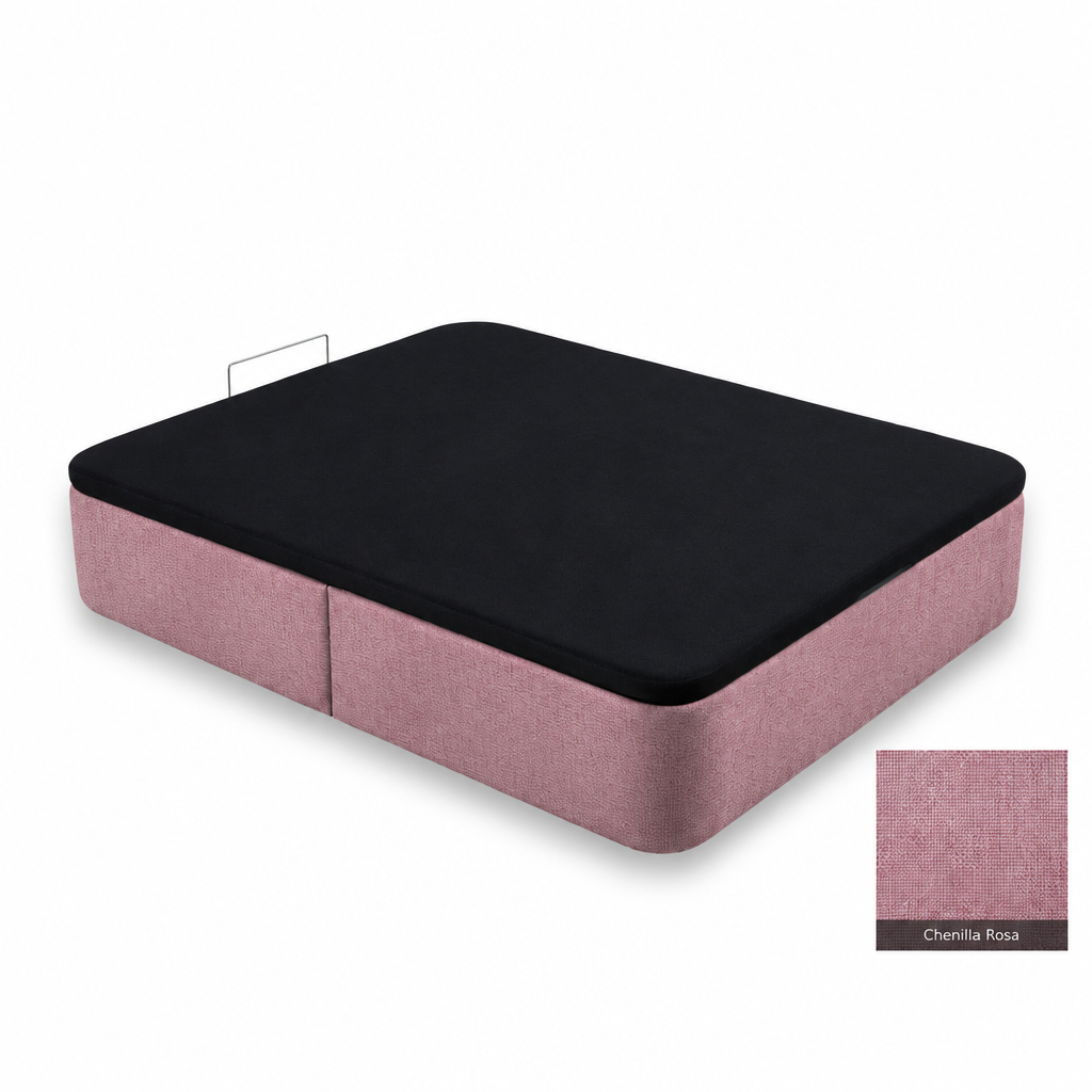 Curved bed base in Chenilla Rosa with black lid