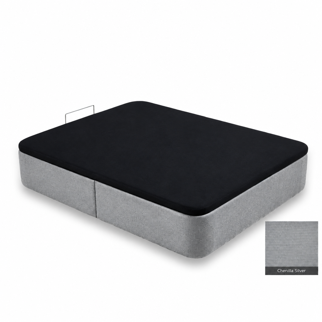 Curved bed base in Chenilla Silver with black lid