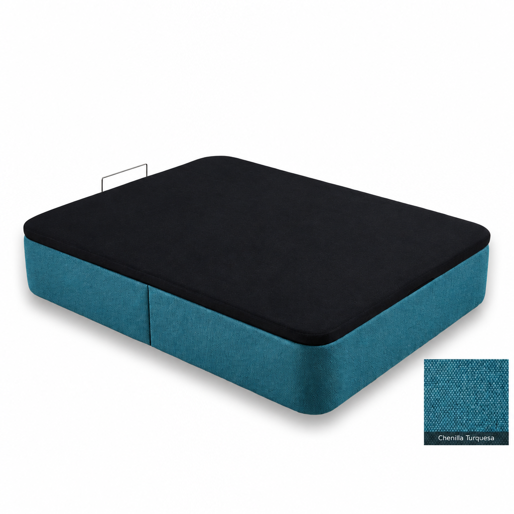 Curved bed base in Chenilla Turquesa with black lid