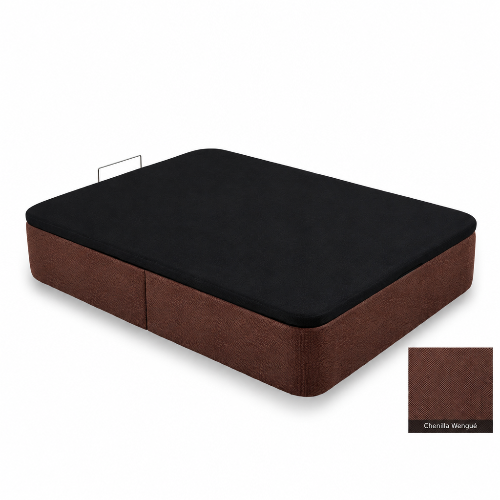 Curved bed base in Chenilla Wengué with black lid
