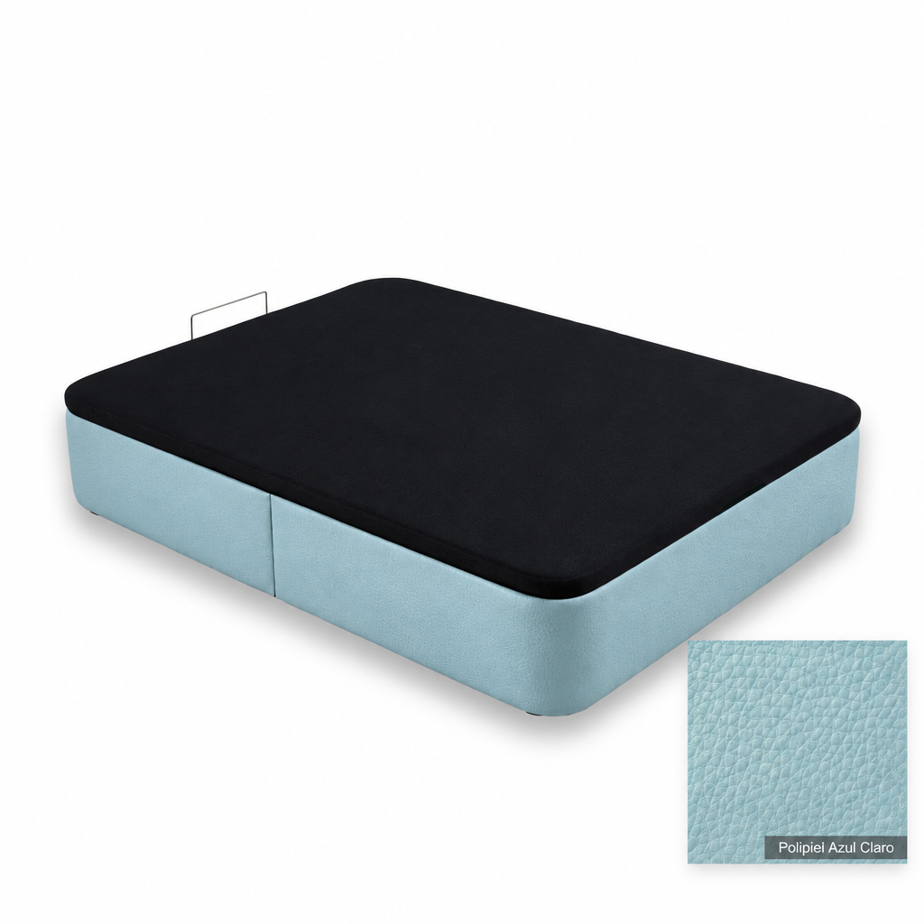 Curved bed base in Polipiel Azul Claro with black lid