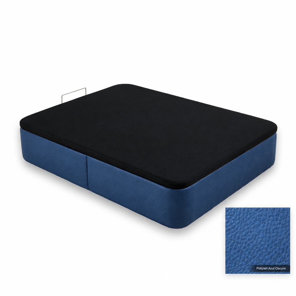 Curved bed base in Polipiel Azul Oscuro with black lid