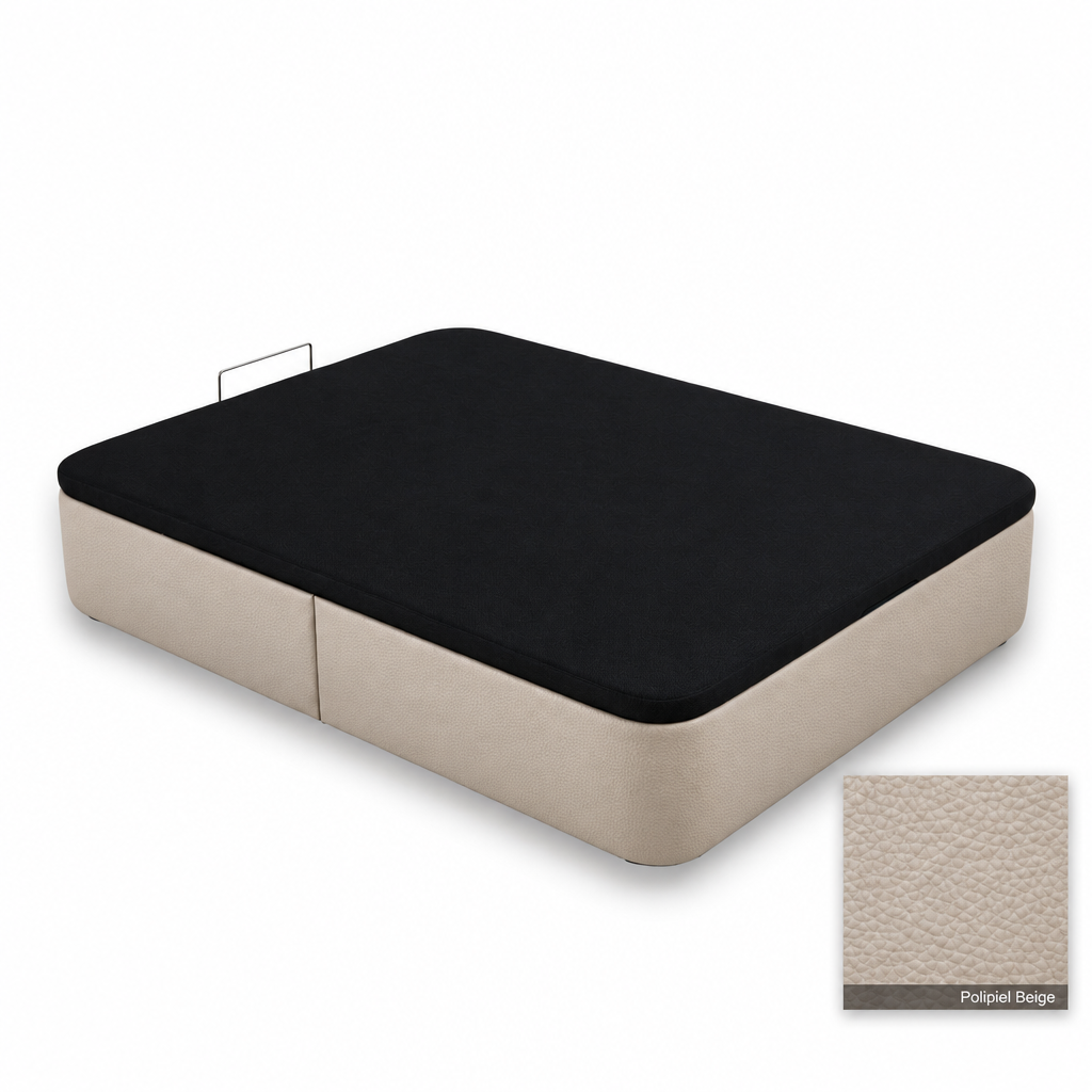 Curved bed base in Polipiel Beige with black lid