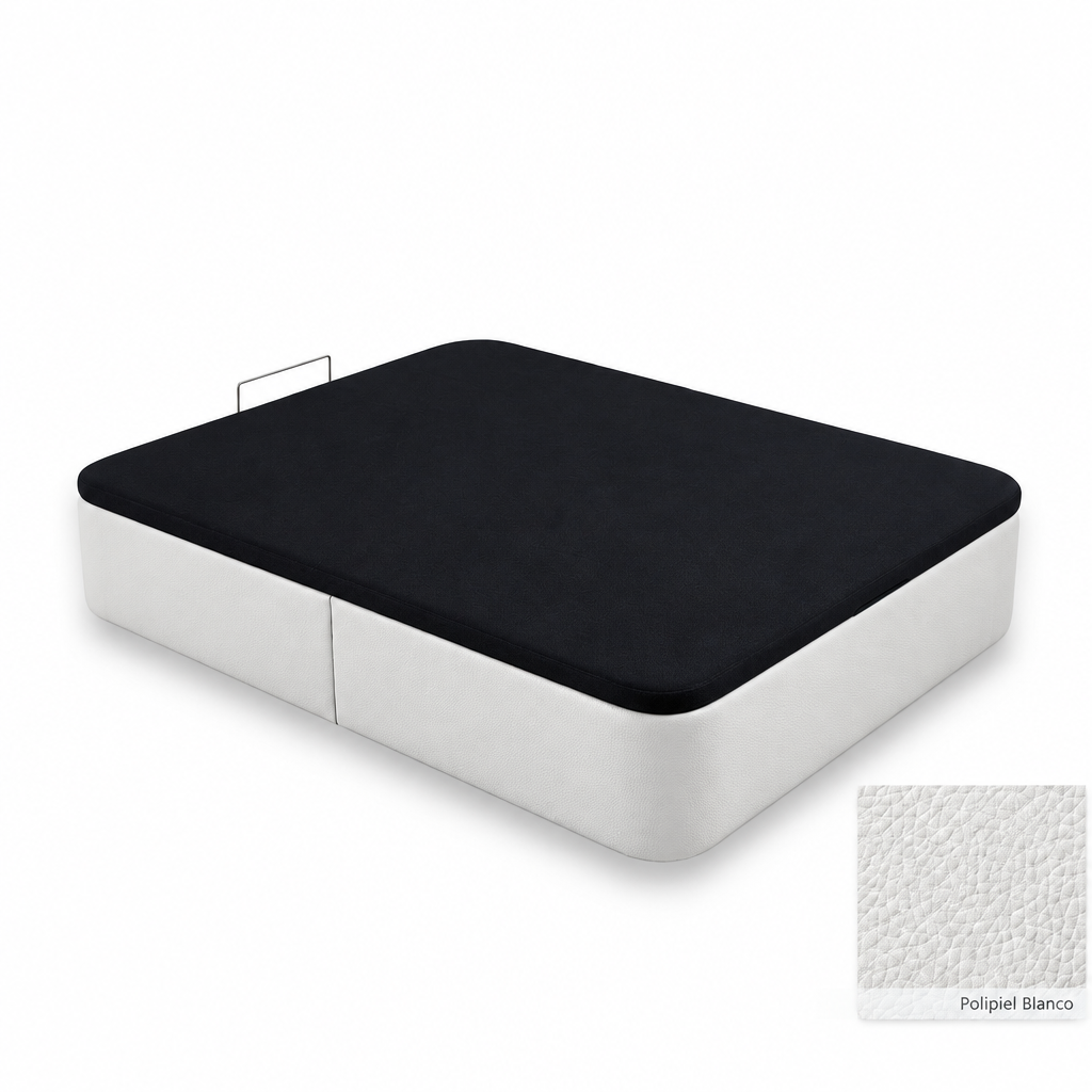 Curved bed base in Polipiel Blanco with black lid