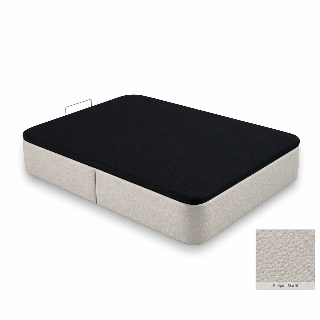 Curved bed base in Polipiel Marfil with black lid
