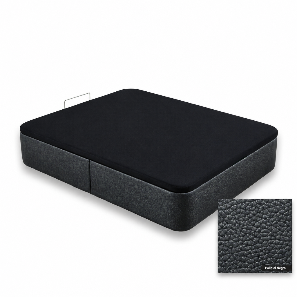 Curved bed base in Polipiel Negro with black lid