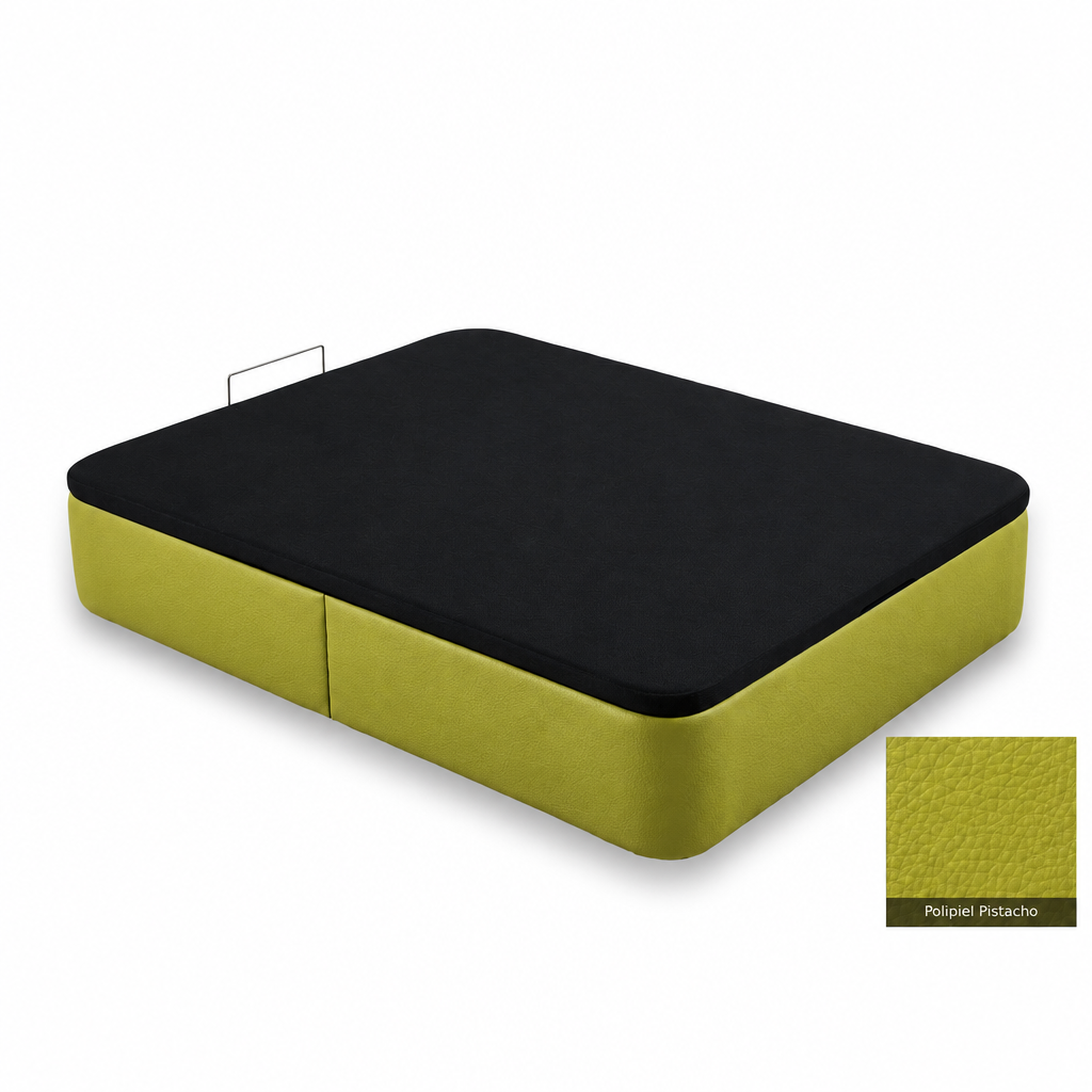 Curved bed base in Polipiel Pistacho with black lid