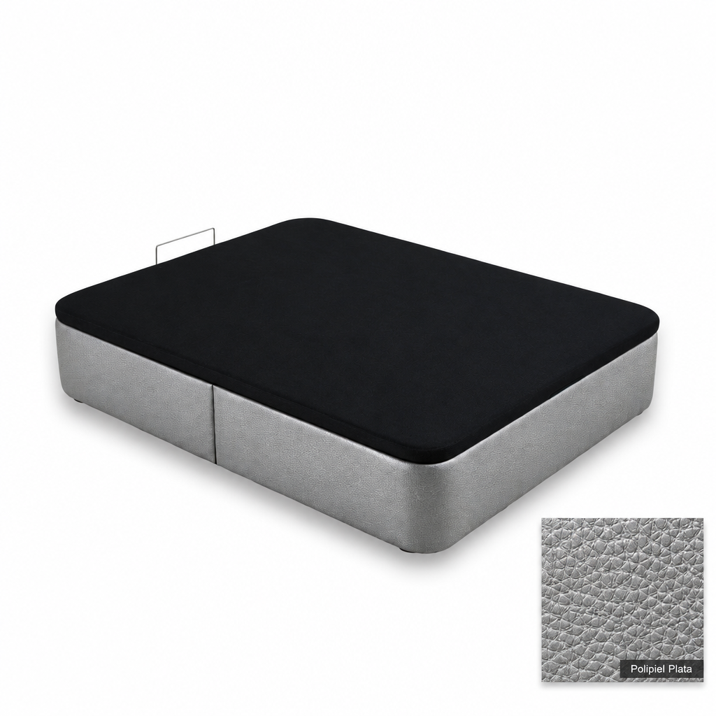 Curved bed base in Polipiel Plata with black lid