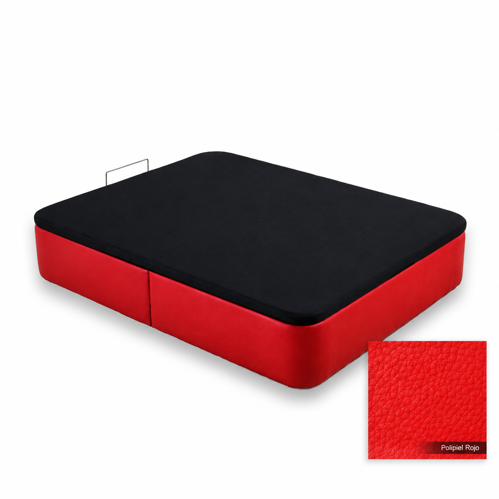 Curved bed base in Polipiel Rojo with black lid