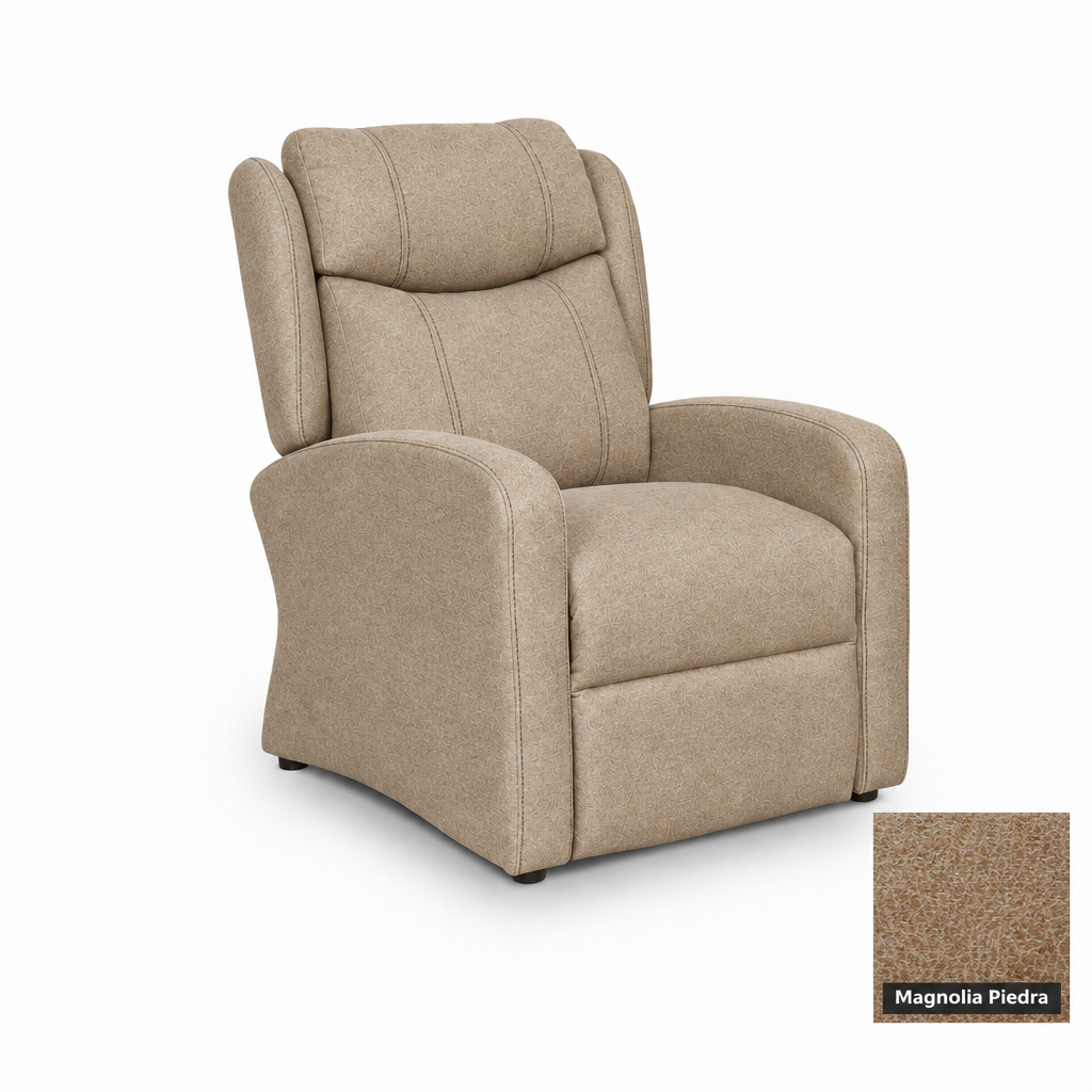 Sara Relax chair in Magnolia Piedra with bottom-right swatch