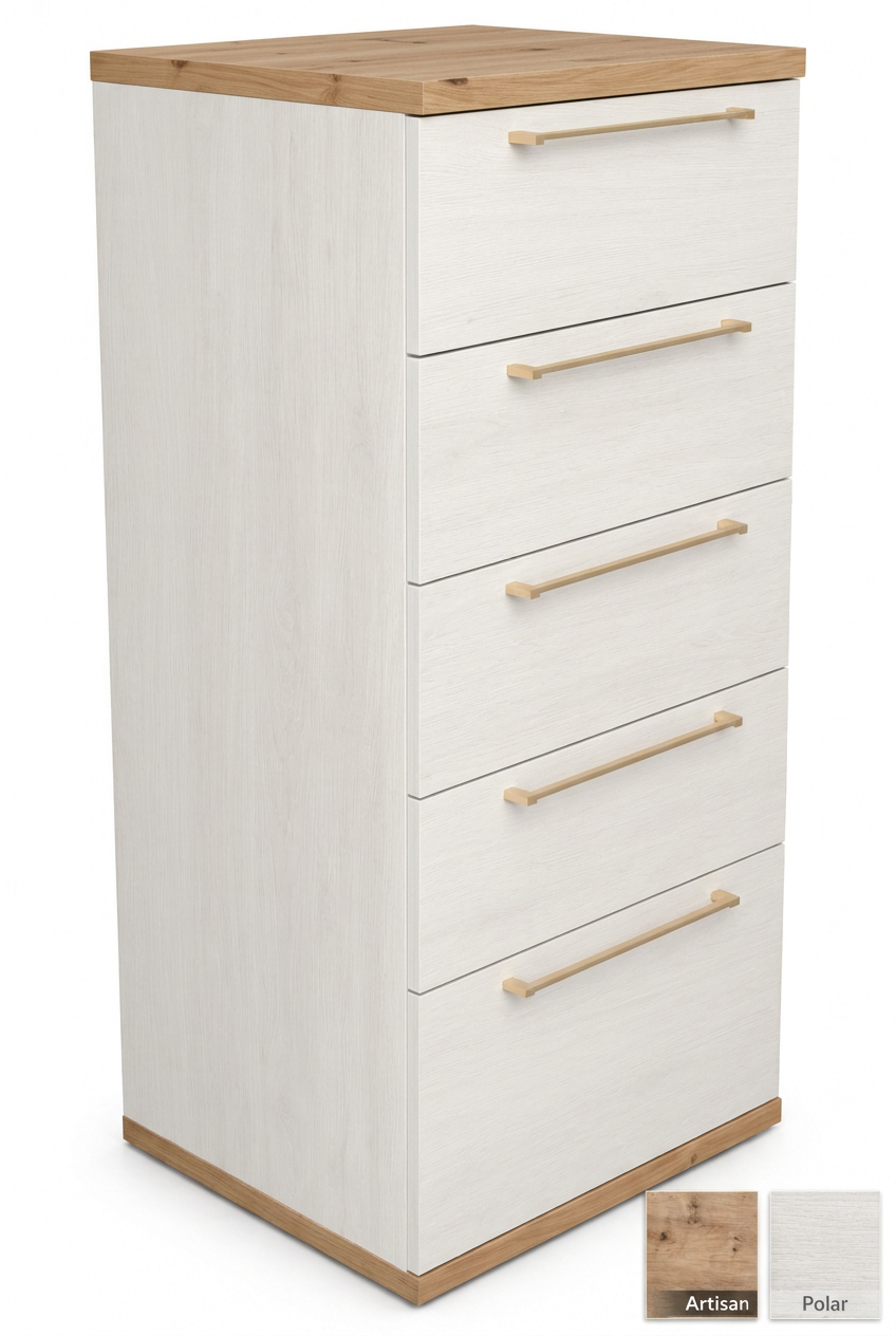 Tall drawer unit with Polar fronts and side, plus Artisan and Polar swatches