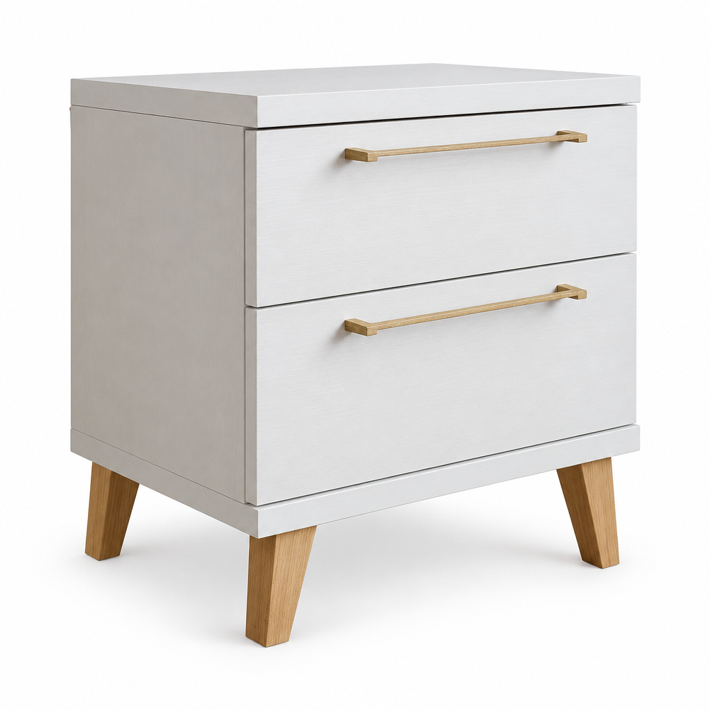 Two-drawer bedside table angled view on square white background
