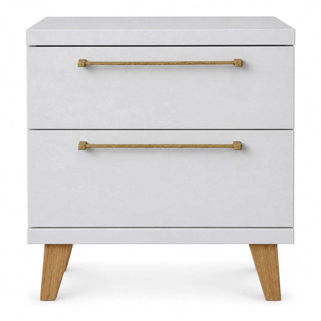 Two-drawer bedside table front view on square white background