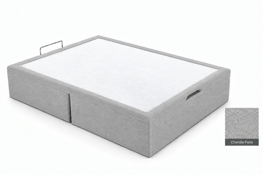Uploaded bed base design in Chenilla Perla with softened fabric texture, unchanged white top, and unchanged detailed swatch