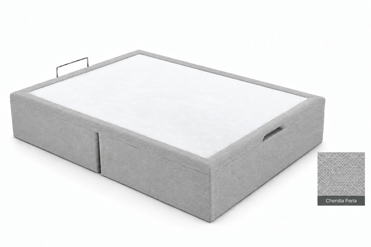 Uploaded bed base design in Chenilla Perla with softened fabric texture, unchanged white top, and unchanged detailed swatch