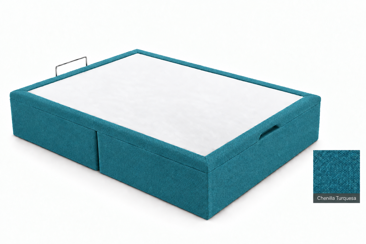 Uploaded bed base design in Chenilla Turquesa with softened fabric texture, unchanged white top, and unchanged detailed swatch