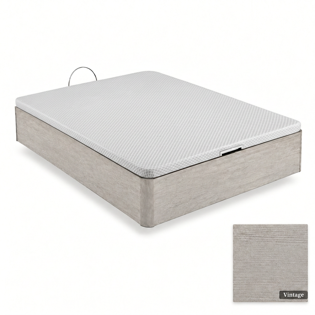 Wooden storage bed in Vintage finish with 3D Blanco top and fabric swatch